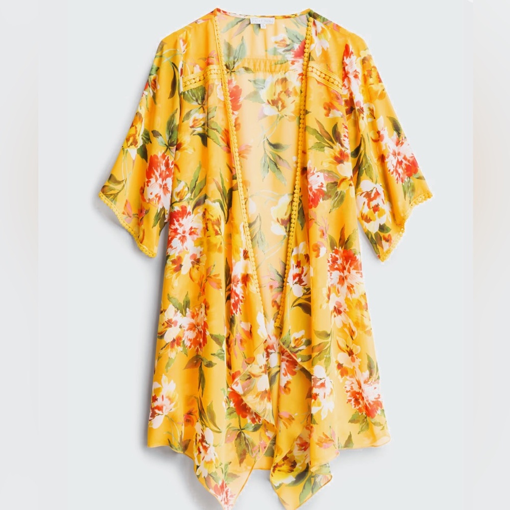 Emory Park Landy Crochet Trim Open Front Vibrant Floral Kimono